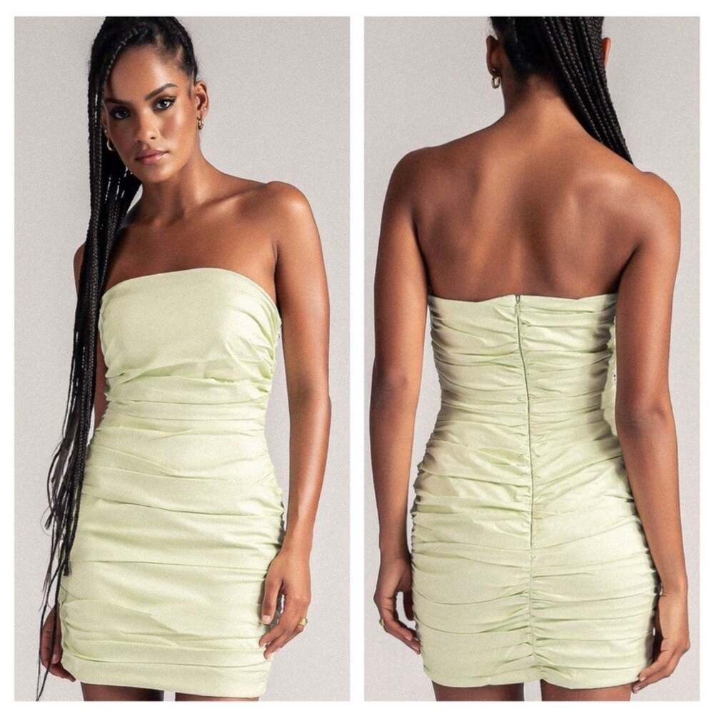 Meshki Selita Bandeau Ruched Strapless Mini Dress Green XL Cotton EUC